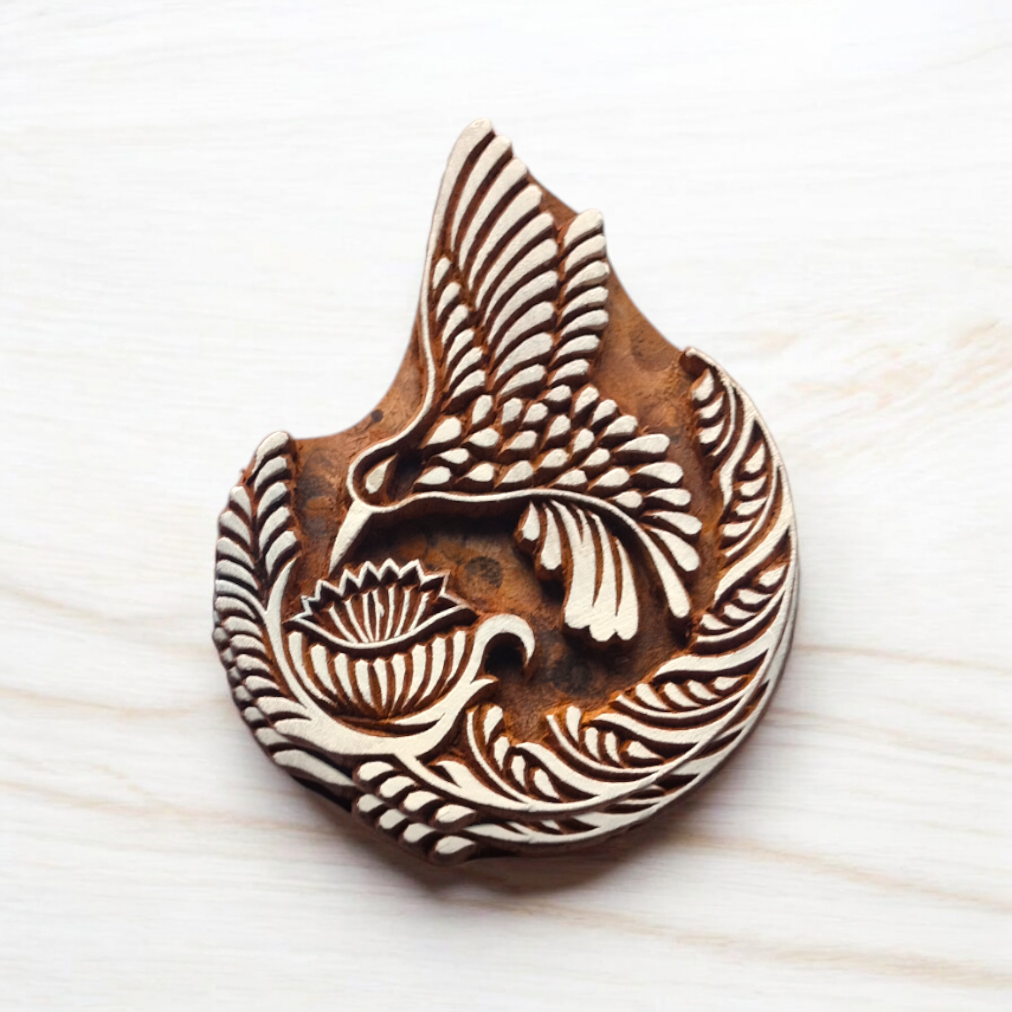 Handcrafted Wooden Printing Block โ Bird & Lotus Design