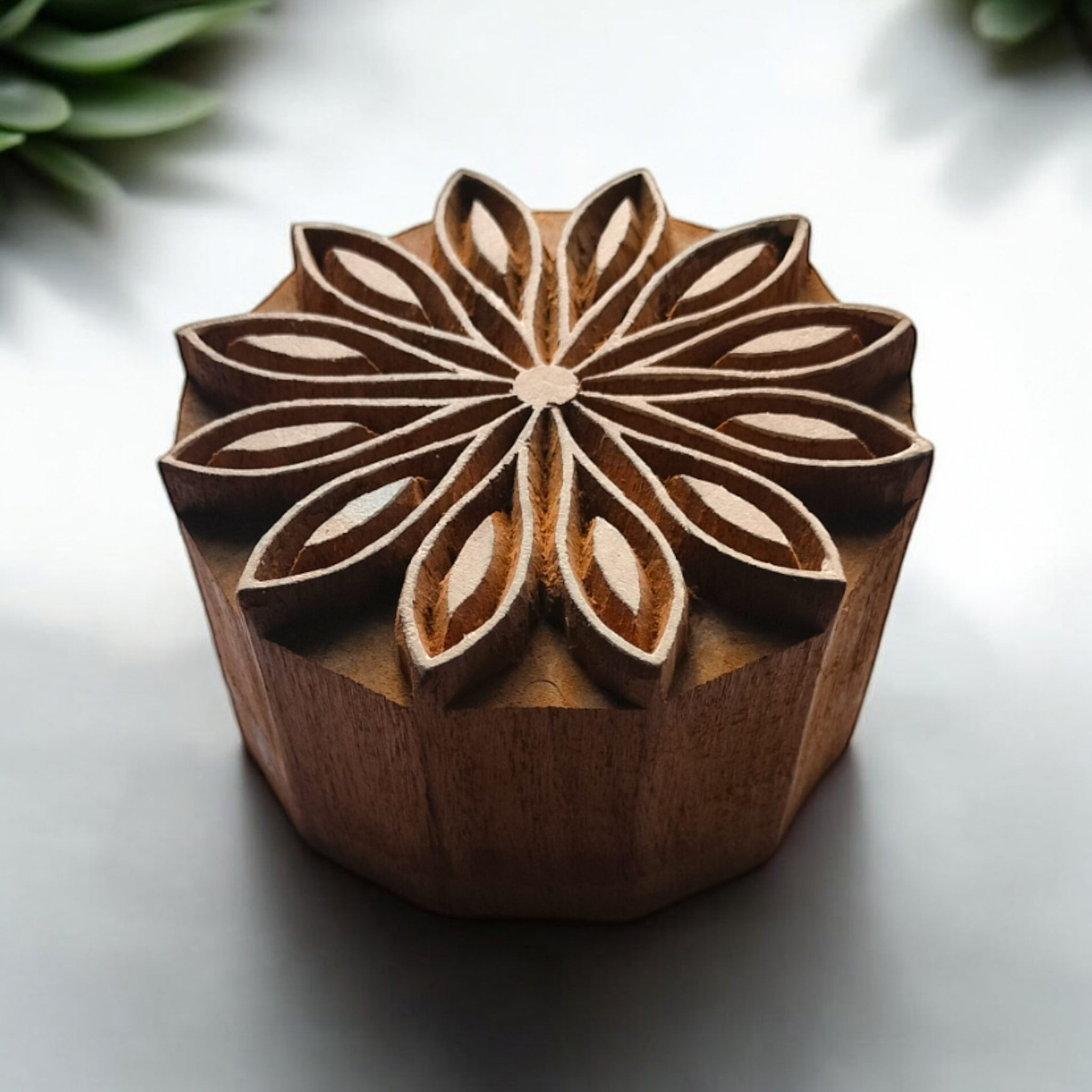 Geometric Floral Wooden Printing Block โ Hand Carved Stamp