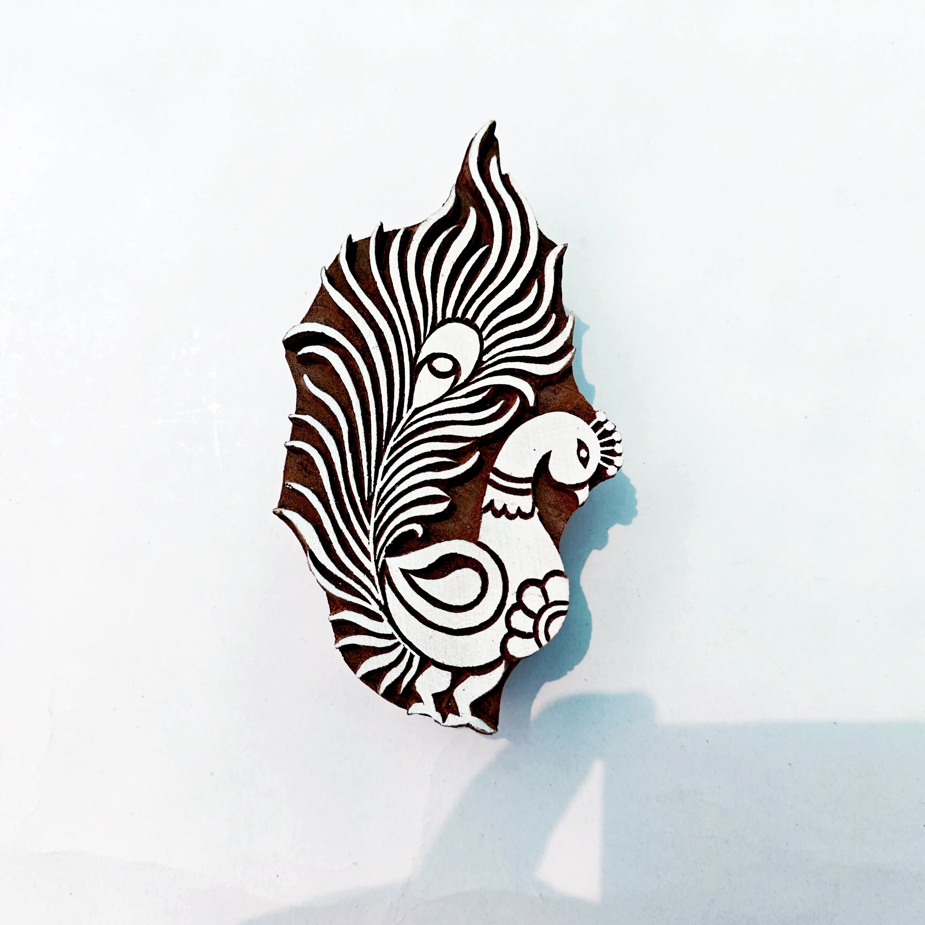 Hand-Carved Wooden Printing Block โ Peacock Design